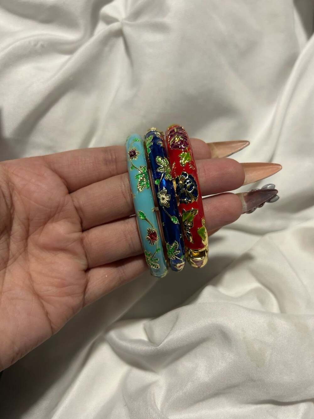 Vintage Enamel Flower Bangle Bracelets Set Of Three